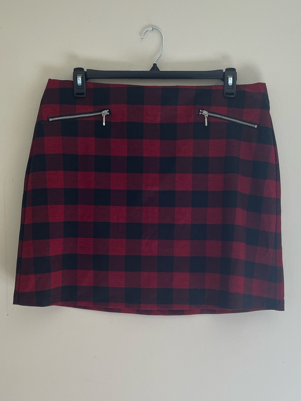 Maurices Red and Black Plaid Mini Skirt with Silver Zip Accents